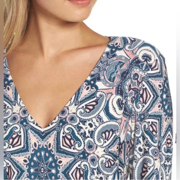 Eliza J Flounce Hem Shift Jersey Dress Size 12 Paisley Medallion Print V-Neck - Picture 4 of 16